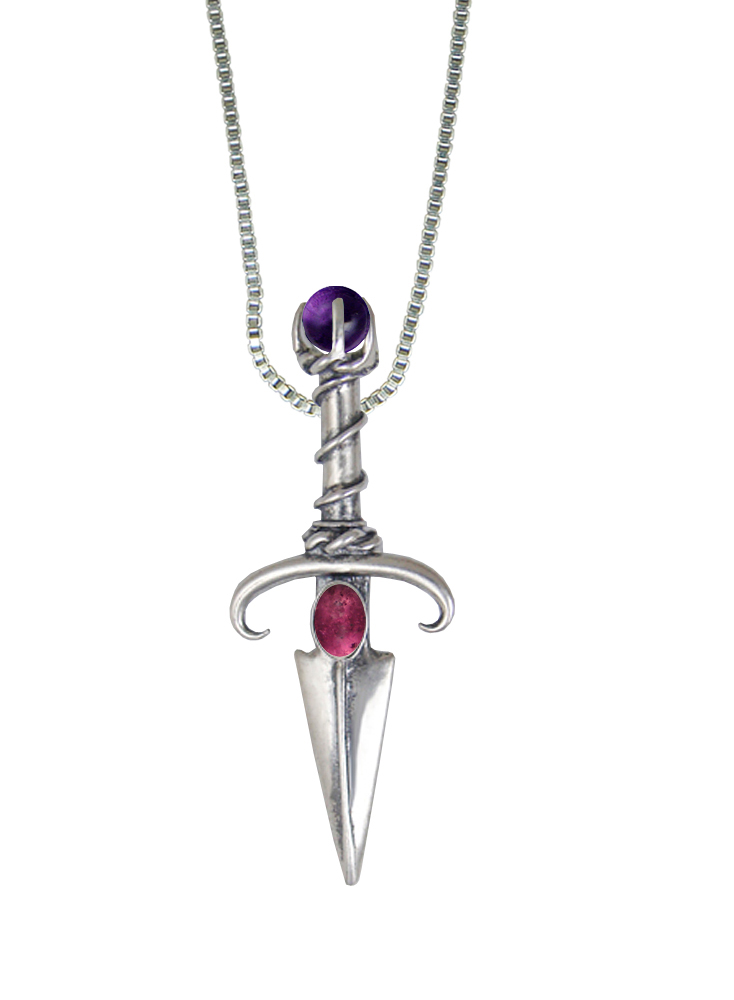 Sterling Silver Black Prince's Knife Dagger Pendant With Pink Tourmaline And Amethyst